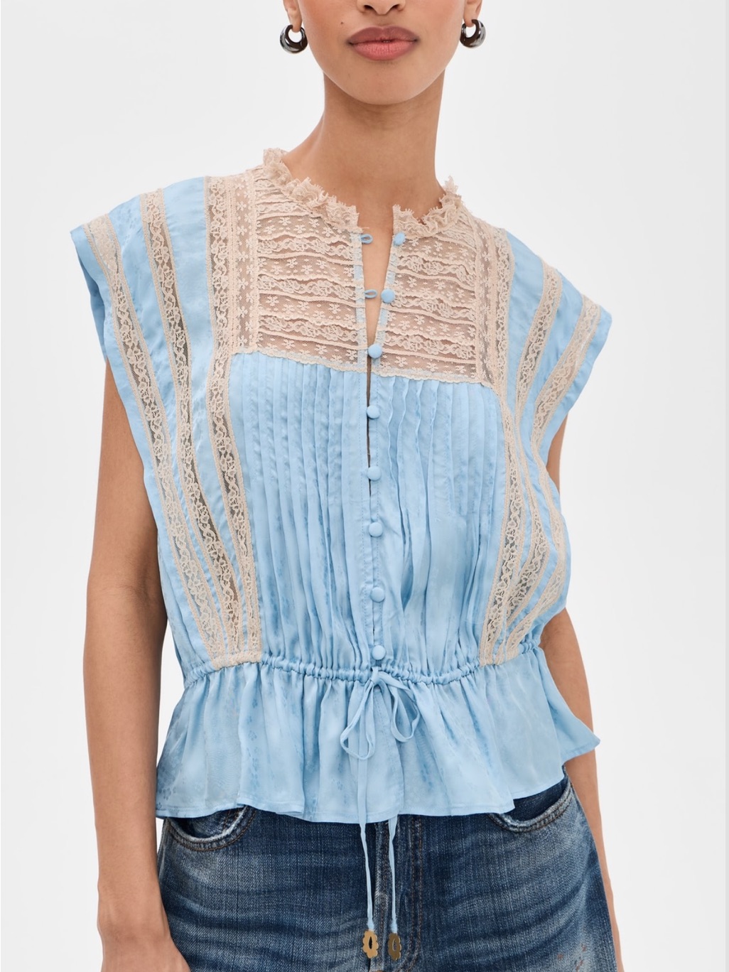 Sea Light Blue Lace-Trim Pintuck Peplum Top